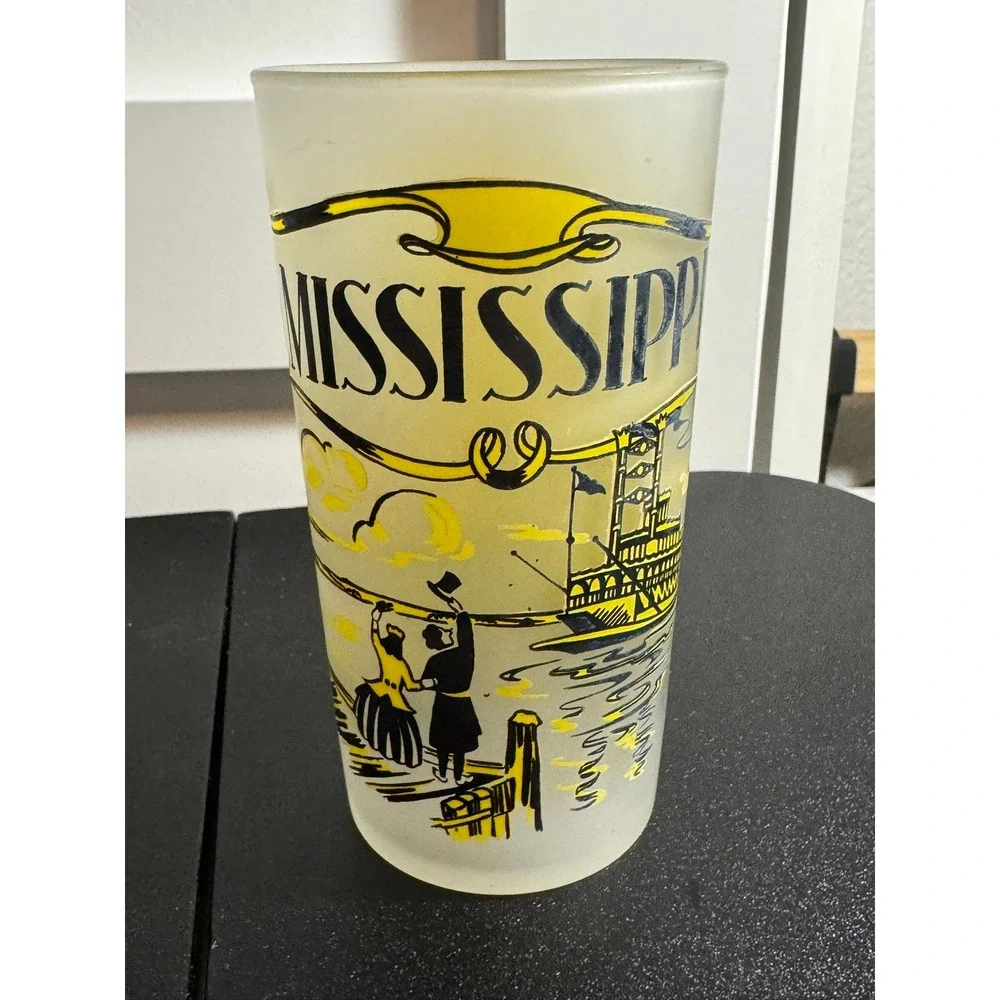 Vintage Mississippi‎ Souvenir Frosted Glass Paddleboat Map Cities Graphic